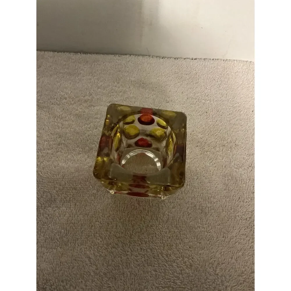 Vtg. 1970’s Solid Square Tea Light Votive Holder Cabachon Dots Retro Multicolor